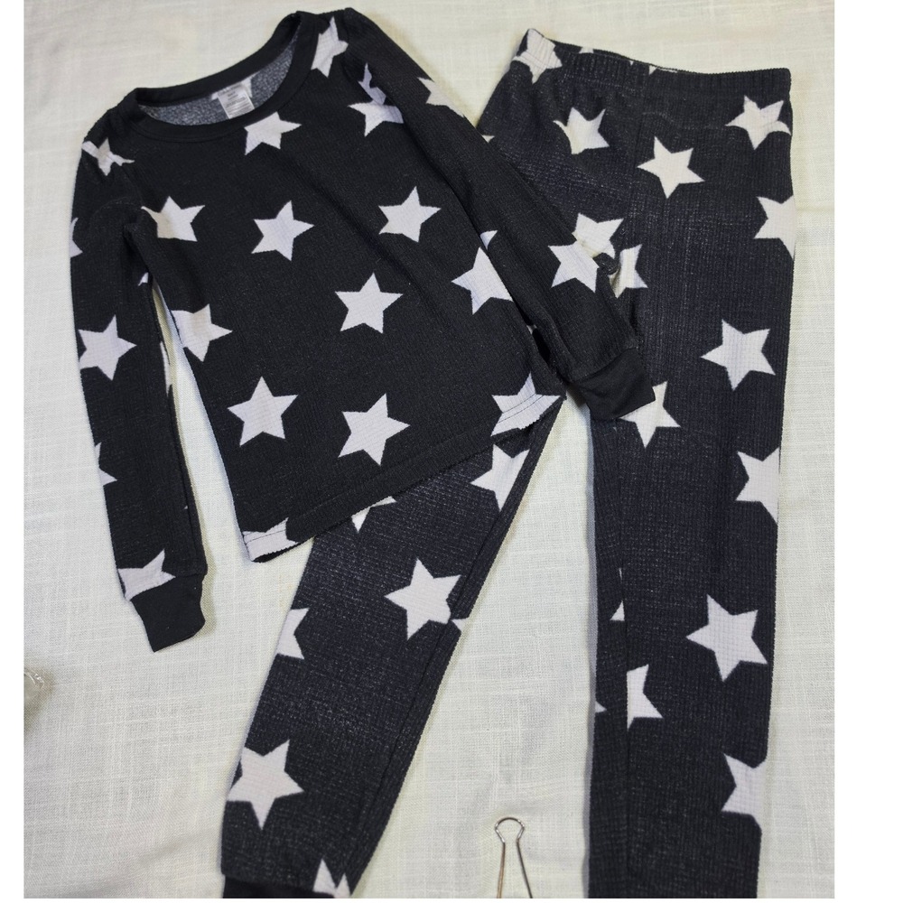 Calvin Klein Kids Pajama Set Size 6 Black White Star Waffle Knit 2pc Sleepwear